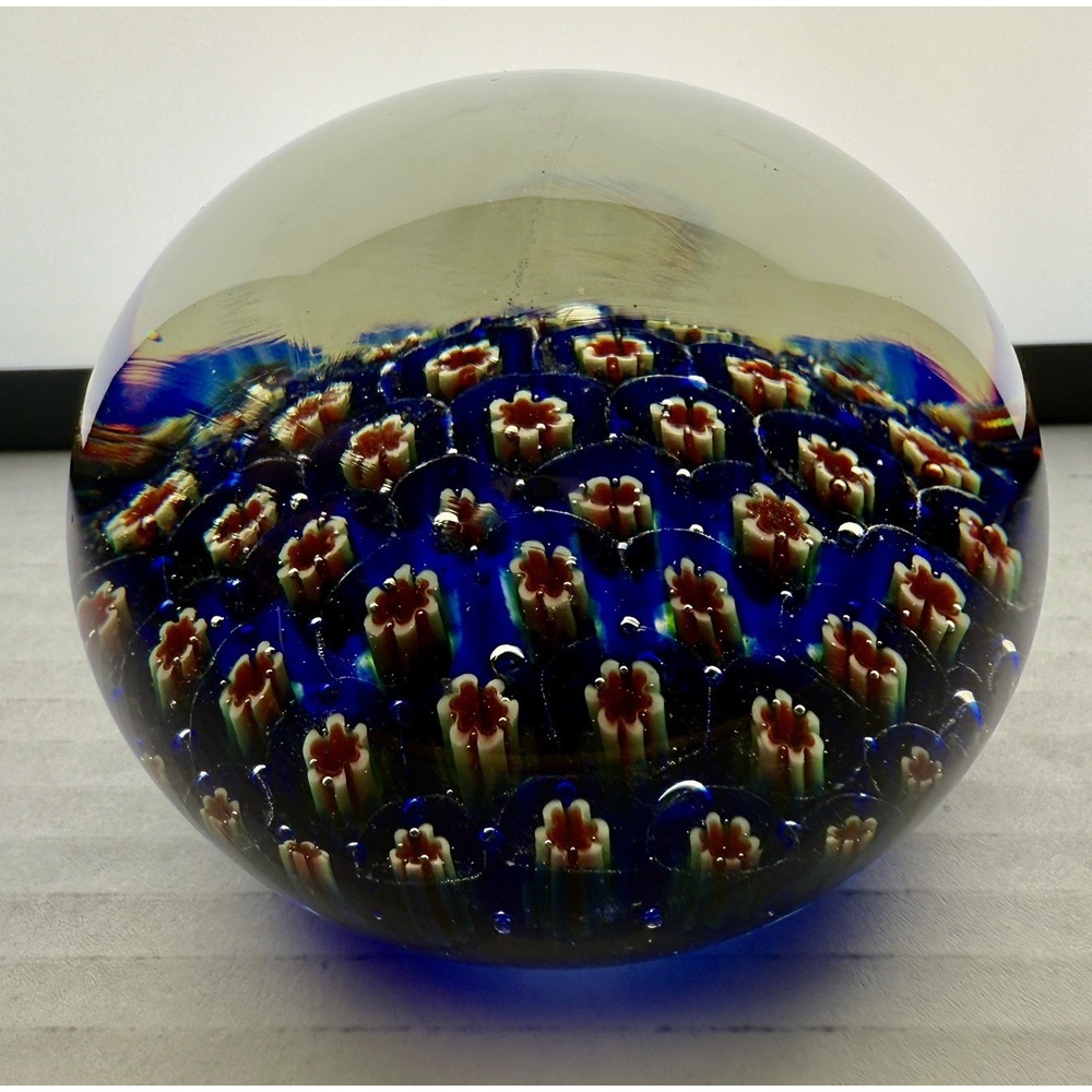 Vintage Art Glass Millefiori Paperweight Dome Shape Blue Base Red Flower Canes